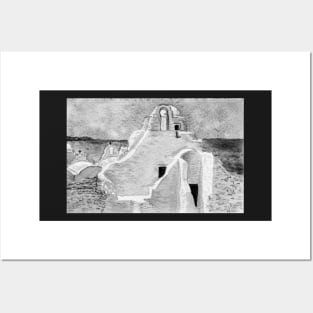 Mykonos Chapel Greek Island watercolor black and white version Posters and Art